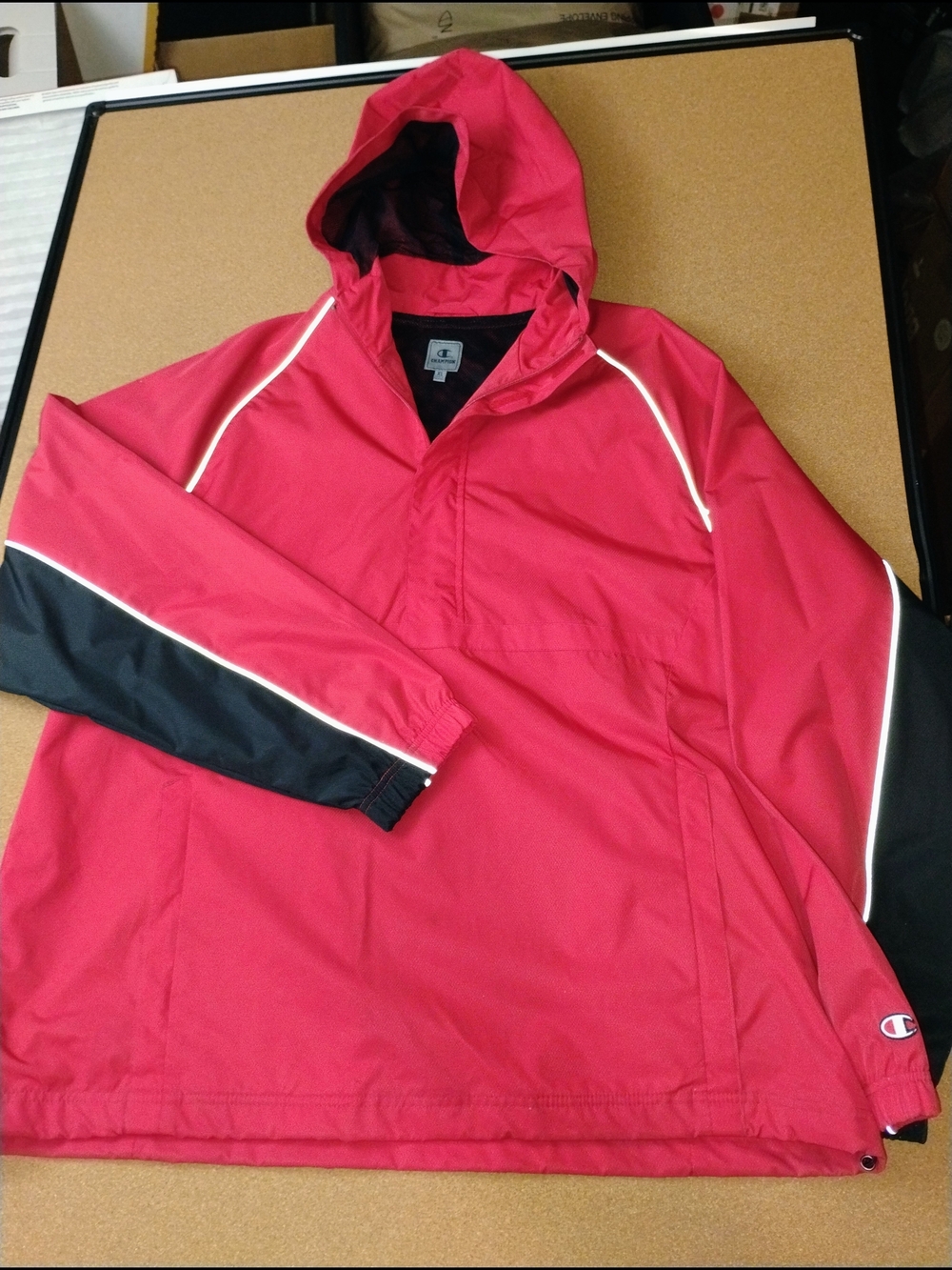 Champion Men's Pullover 1/4 Zip Nylon Hooded Windbreaker SZ XL Red/Blk VTG